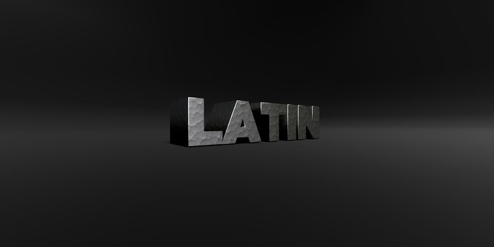 LATIN - hammered metal finish text on black studio - 3D rendered royalty free stock photo. This image can be used for an online website banner ad or a print postcard.