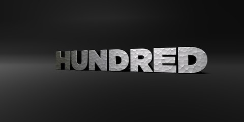 HUNDRED - hammered metal finish text on black studio - 3D rendered royalty free stock photo. This image can be used for an online website banner ad or a print postcard.