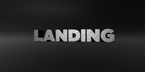 Obraz premium LANDING - hammered metal finish text on black studio - 3D rendered royalty free stock photo. This image can be used for an online website banner ad or a print postcard.