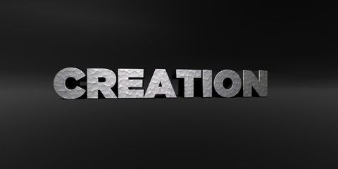 CREATION - hammered metal finish text on black studio - 3D rendered royalty free stock photo. This image can be used for an online website banner ad or a print postcard.