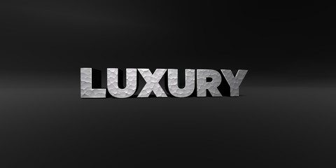 LUXURY - hammered metal finish text on black studio - 3D rendered royalty free stock photo. This image can be used for an online website banner ad or a print postcard.
