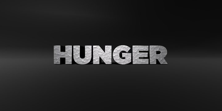 HUNGER - hammered metal finish text on black studio - 3D rendered royalty free stock photo. This image can be used for an online website banner ad or a print postcard.