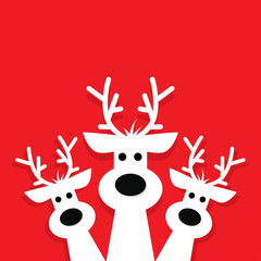 three white reindeer on a red background.