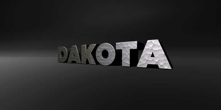 DAKOTA - hammered metal finish text on black studio - 3D rendered royalty free stock photo. This image can be used for an online website banner ad or a print postcard.