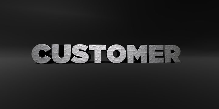 CUSTOMER - hammered metal finish text on black studio - 3D rendered royalty free stock photo. This image can be used for an online website banner ad or a print postcard.