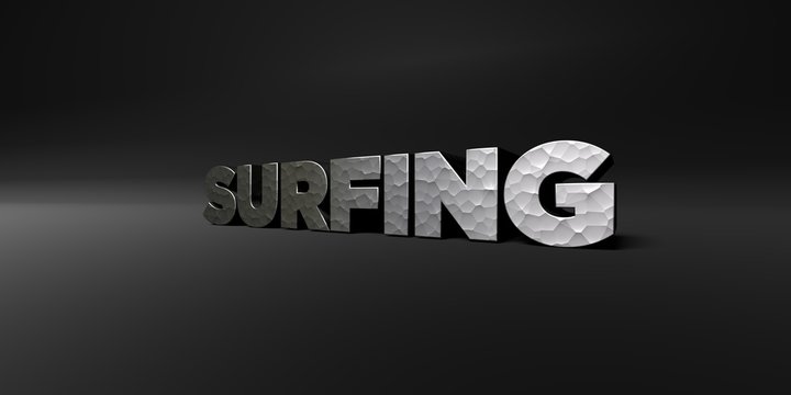SURFING - hammered metal finish text on black studio - 3D rendered royalty free stock photo. This image can be used for an online website banner ad or a print postcard.