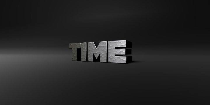 TIME - hammered metal finish text on black studio - 3D rendered royalty free stock photo. This image can be used for an online website banner ad or a print postcard.