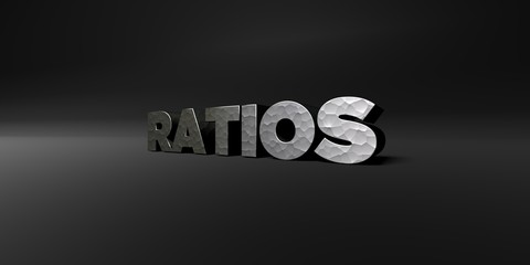 RATIOS - hammered metal finish text on black studio - 3D rendered royalty free stock photo. This image can be used for an online website banner ad or a print postcard.