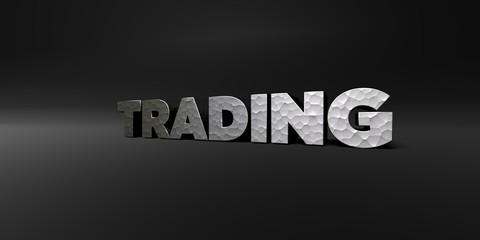 TRADING - hammered metal finish text on black studio - 3D rendered royalty free stock photo. This image can be used for an online website banner ad or a print postcard.