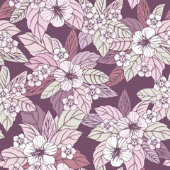 Autumn floral seamless pattern with hibiscus flowers.