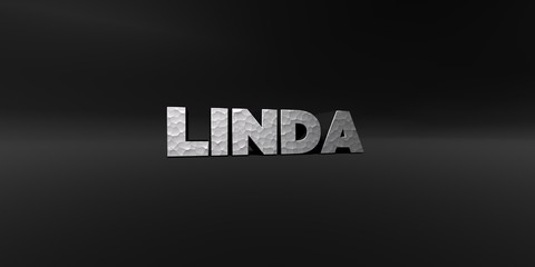 LINDA - hammered metal finish text on black studio - 3D rendered royalty free stock photo. This image can be used for an online website banner ad or a print postcard.