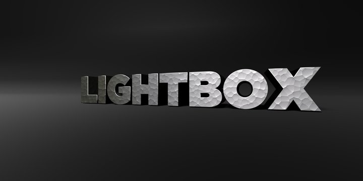 LIGHTBOX - hammered metal finish text on black studio - 3D rendered royalty free stock photo. This image can be used for an online website banner ad or a print postcard.