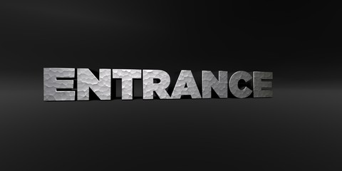 ENTRANCE - hammered metal finish text on black studio - 3D rendered royalty free stock photo. This image can be used for an online website banner ad or a print postcard.