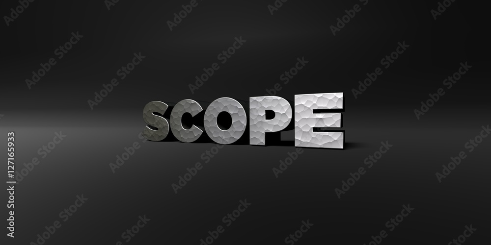 Fototapete scope - hammered metal finish text on black studio - 3d rendered royalty free stock photo. this imag