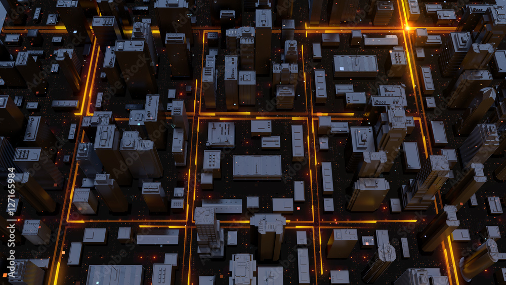 Wall mural digital 3d rendering city. light trails symbolise data travelling in modern city. flowing data parti