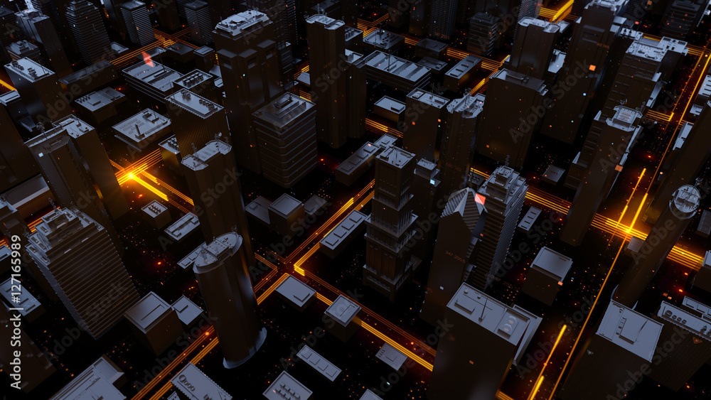 Wall mural digital 3d rendering city. light trails symbolise data travelling in modern city. flowing data parti