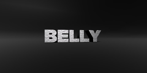 BELLY - hammered metal finish text on black studio - 3D rendered royalty free stock photo. This image can be used for an online website banner ad or a print postcard.
