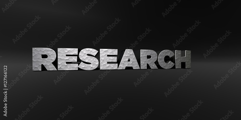 Fototapete research - hammered metal finish text on black studio - 3d rendered royalty free stock photo. this i