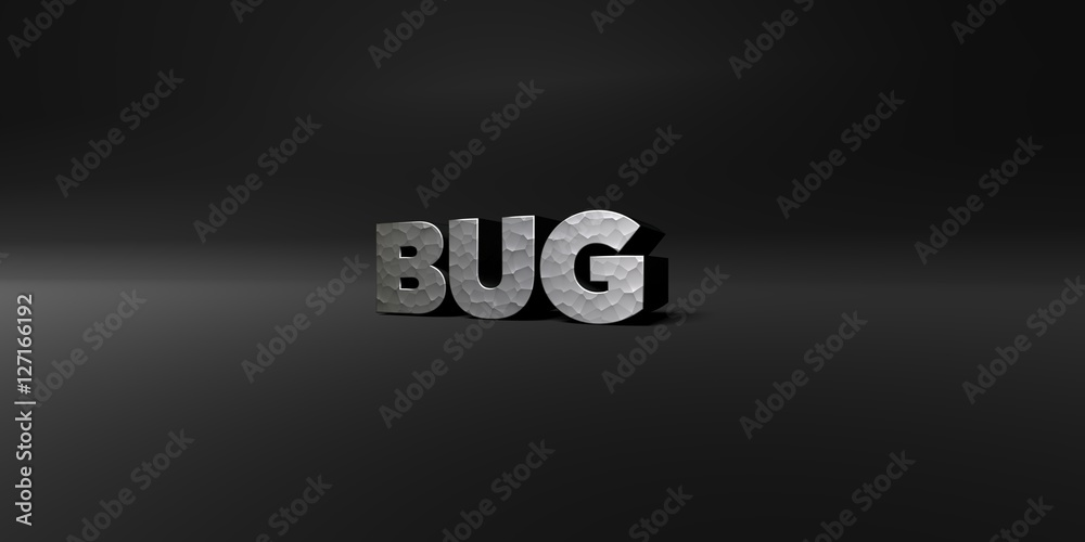 Fototapete bug - hammered metal finish text on black studio - 3d rendered royalty free stock photo. this image 