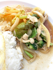 stir-fried mixed vegetables with rice in white dish on white background.