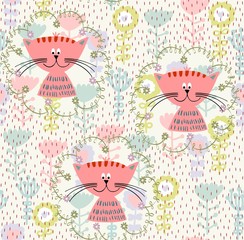 Vector hand drawn seamless pattern with cats