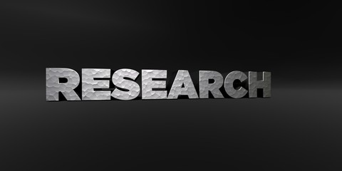 RESEARCH - hammered metal finish text on black studio - 3D rendered royalty free stock photo. This image can be used for an online website banner ad or a print postcard.