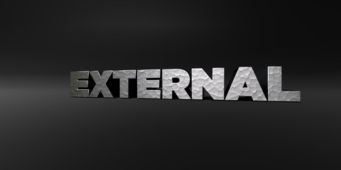 EXTERNAL - hammered metal finish text on black studio - 3D rendered royalty free stock photo. This image can be used for an online website banner ad or a print postcard.