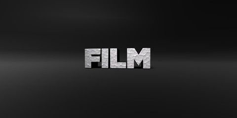 FILM - hammered metal finish text on black studio - 3D rendered royalty free stock photo. This image can be used for an online website banner ad or a print postcard.