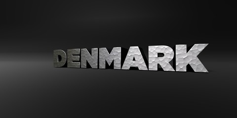 DENMARK - hammered metal finish text on black studio - 3D rendered royalty free stock photo. This image can be used for an online website banner ad or a print postcard.