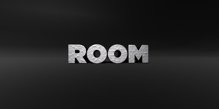 ROOM - hammered metal finish text on black studio - 3D rendered royalty free stock photo. This image can be used for an online website banner ad or a print postcard.
