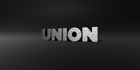 UNION - hammered metal finish text on black studio - 3D rendered royalty free stock photo. This image can be used for an online website banner ad or a print postcard.