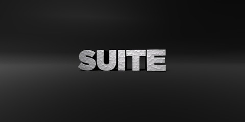 SUITE - hammered metal finish text on black studio - 3D rendered royalty free stock photo. This image can be used for an online website banner ad or a print postcard.