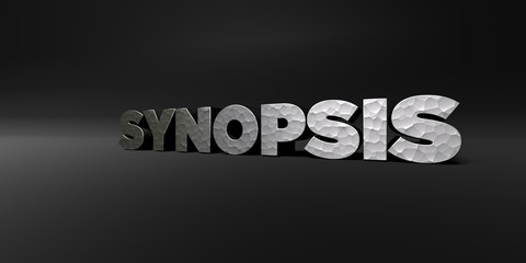 SYNOPSIS - hammered metal finish text on black studio - 3D rendered royalty free stock photo. This image can be used for an online website banner ad or a print postcard.