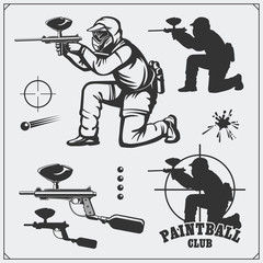 Set of paintball club labels, emblems, symbols, icons and design elements. Shooting man and paintball equipment. - obrazy, fototapety, plakaty