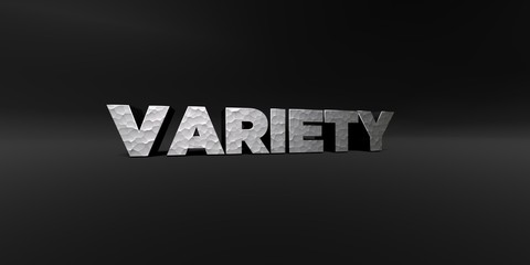 VARIETY - hammered metal finish text on black studio - 3D rendered royalty free stock photo. This image can be used for an online website banner ad or a print postcard.