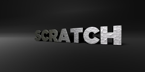 SCRATCH - hammered metal finish text on black studio - 3D rendered royalty free stock photo. This image can be used for an online website banner ad or a print postcard.