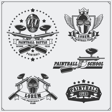 Set of paintball club labels, emblems, symbols, icons and design elements. 