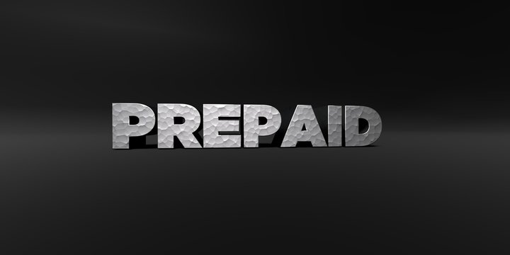 PREPAID - hammered metal finish text on black studio - 3D rendered royalty free stock photo. This image can be used for an online website banner ad or a print postcard.