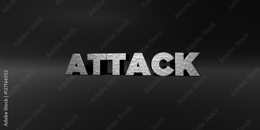 Fototapete attack - hammered metal finish text on black studio - 3d rendered royalty free stock photo. this ima