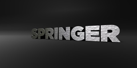 SPRINGER - hammered metal finish text on black studio - 3D rendered royalty free stock photo. This image can be used for an online website banner ad or a print postcard.