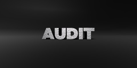 AUDIT - hammered metal finish text on black studio - 3D rendered royalty free stock photo. This image can be used for an online website banner ad or a print postcard.