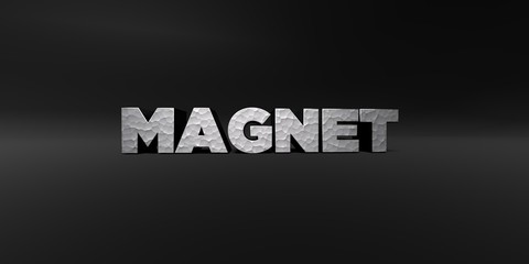 MAGNET - hammered metal finish text on black studio - 3D rendered royalty free stock photo. This image can be used for an online website banner ad or a print postcard.