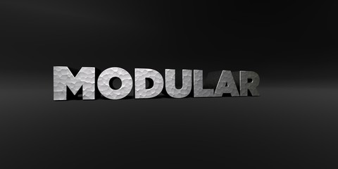 MODULAR - hammered metal finish text on black studio - 3D rendered royalty free stock photo. This image can be used for an online website banner ad or a print postcard.