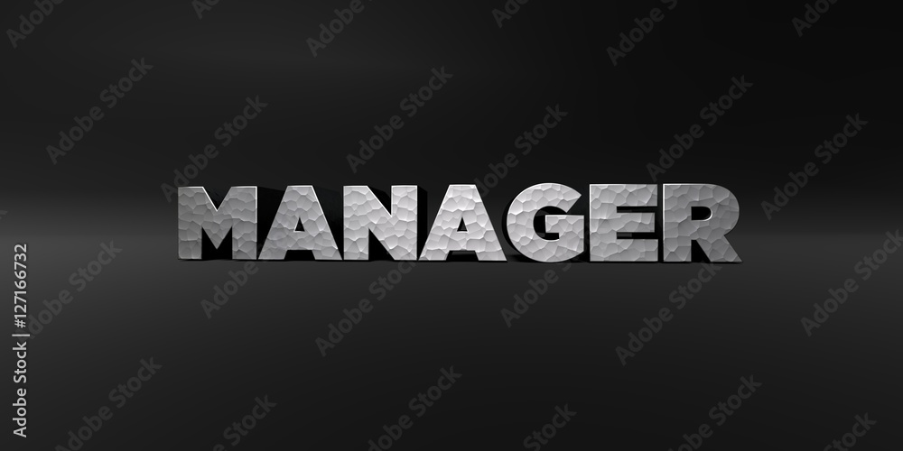 Fototapete manager - hammered metal finish text on black studio - 3d rendered royalty free stock photo. this im