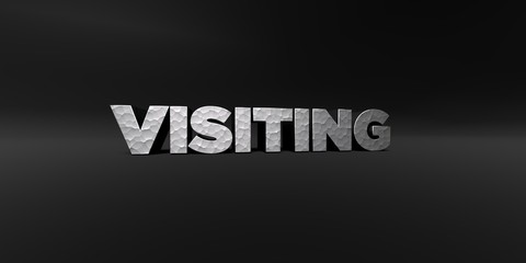 VISITING - hammered metal finish text on black studio - 3D rendered royalty free stock photo. This image can be used for an online website banner ad or a print postcard.