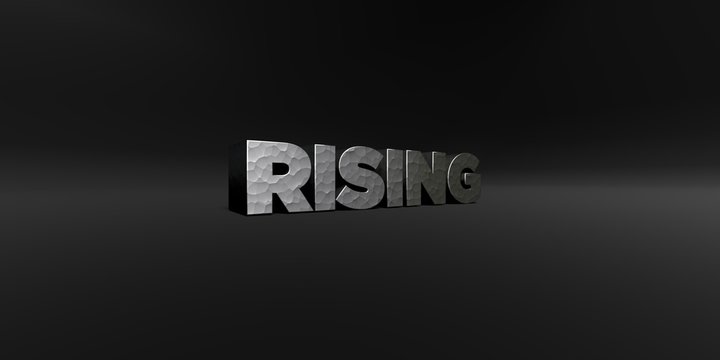 RISING - hammered metal finish text on black studio - 3D rendered royalty free stock photo. This image can be used for an online website banner ad or a print postcard.