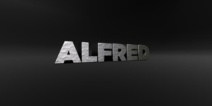 ALFRED - hammered metal finish text on black studio - 3D rendered royalty free stock photo. This image can be used for an online website banner ad or a print postcard.