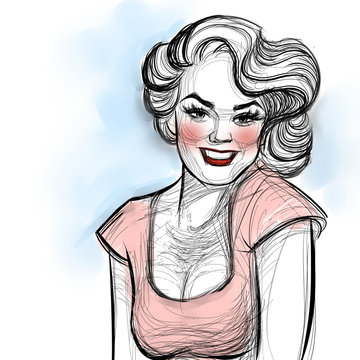 Raster illustration. Portrait of a woman on a white background. Pin-up style.