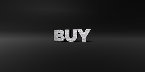 BUY - hammered metal finish text on black studio - 3D rendered royalty free stock photo. This image can be used for an online website banner ad or a print postcard.