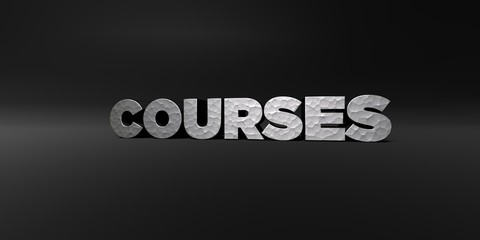 COURSES - hammered metal finish text on black studio - 3D rendered royalty free stock photo. This image can be used for an online website banner ad or a print postcard.